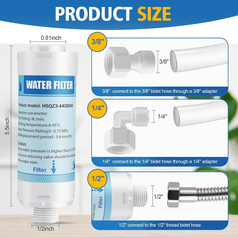 Anglechic 2 Pack Bidet Water Filter and Adapter for Electric Bidet Toilet Seats, Reduce Mineral Deposits & Soften Hard Water, Essential Protection for Smart Toilet, Compatible with 1/2", 3/8", 1/4" Hoses - Image 2